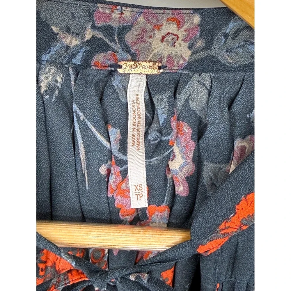 Free People Sheer Floral Butterfly Smocked Raw Lace Hem Tunic Top Blue XS Boho